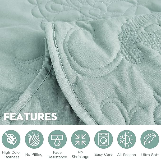 HZ & HY Oversized King Bedspread 128x120 Extra Wide - Paisley Pattern Quilt Set - Gorgeous & Elegant Style Bedding Coverlets, Reversible, Lightweight, 5 Piece, Aqua Sky