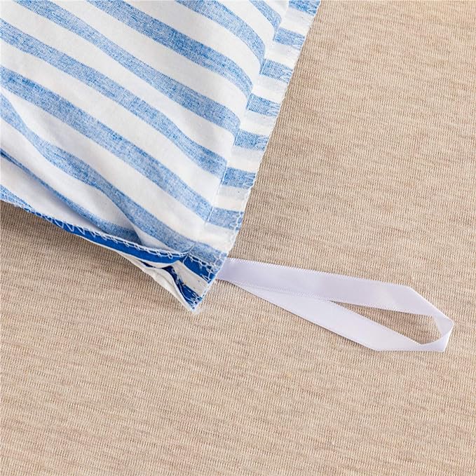 JELLYMONI 100% Natural Cotton 3pcs Striped Duvet Cover Sets,White Duvet Cover with Blue Stripes Pattern Printed Comforter Cover,with Zipper Closure & Corner Ties(King Size)