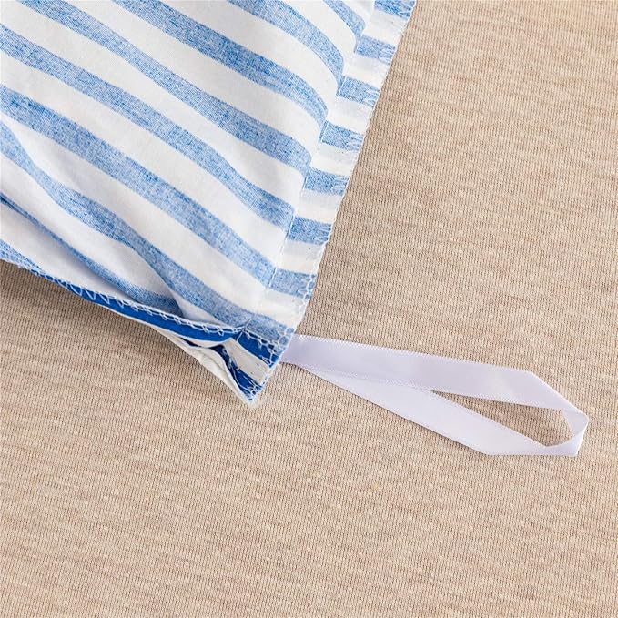 JELLYMONI 100% Natural Cotton 3pcs Striped Duvet Cover Sets,White Duvet Cover with Blue Stripes Pattern Printed Comforter Cover,with Zipper Closure & Corner Ties(Queen Size)