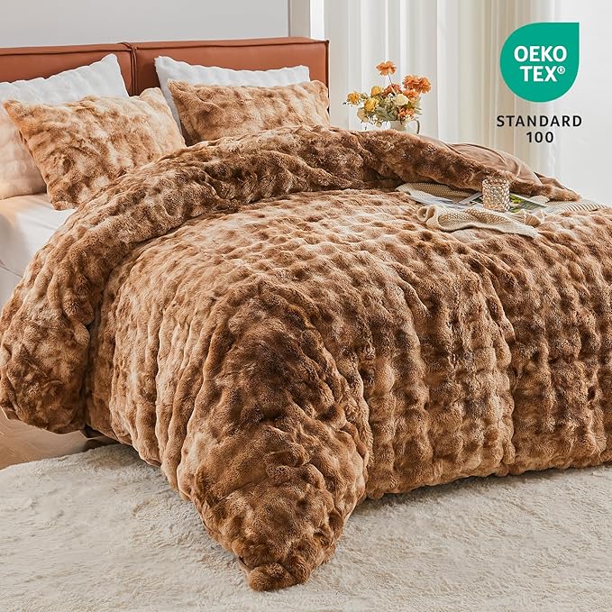 EMME Faux Fur Duvet Cover King Size, 3 Pieces Ultra Soft Fluffy Comforter Cover, Cozy Warm for Winter, Luxury Elegant Shaggy Bubble Design Bedding, 1 Duvet Cover & 2 Pillow Shams (King, Tie Dye Taupe)