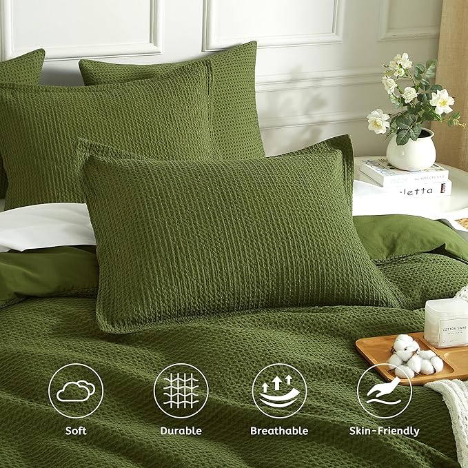 SE SOFTEXLY Waffle Duvet Cover Queen, 100% Cotton Waffle Weave Bedding Duvet Cover Set, Soft and Breathable Comforter Cover for All Season, 3 Pieces Including Pillow Shams（Green, 90”x90”）