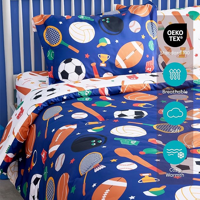 Joiedomi Kid Twin Comforter Set 5 Piece Ball Sports Bedding Set for Boys Girls Super Soft Microfiber Bed in a Bag with Comforter Sheets Pillowcase Sham
