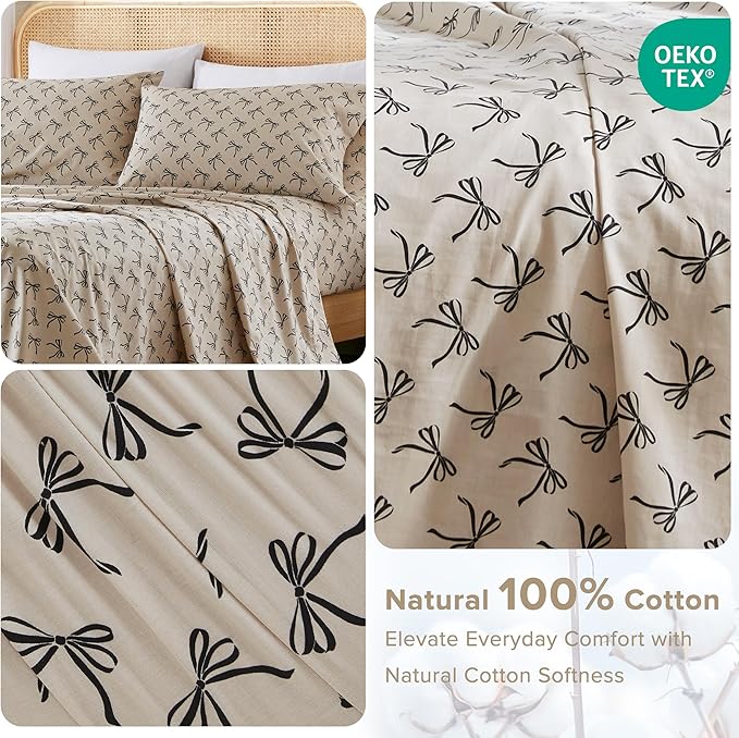 Comfort Spaces 100% Cotton Sheets Queen, Breathable, Naturally Cool Cotton Sheets, Cotton Bed Sheets with 14" Elastic Pocket Fits up to 16" Mattress, All Seasons Sheet Set, Bow Black/Taupe 4 Piece