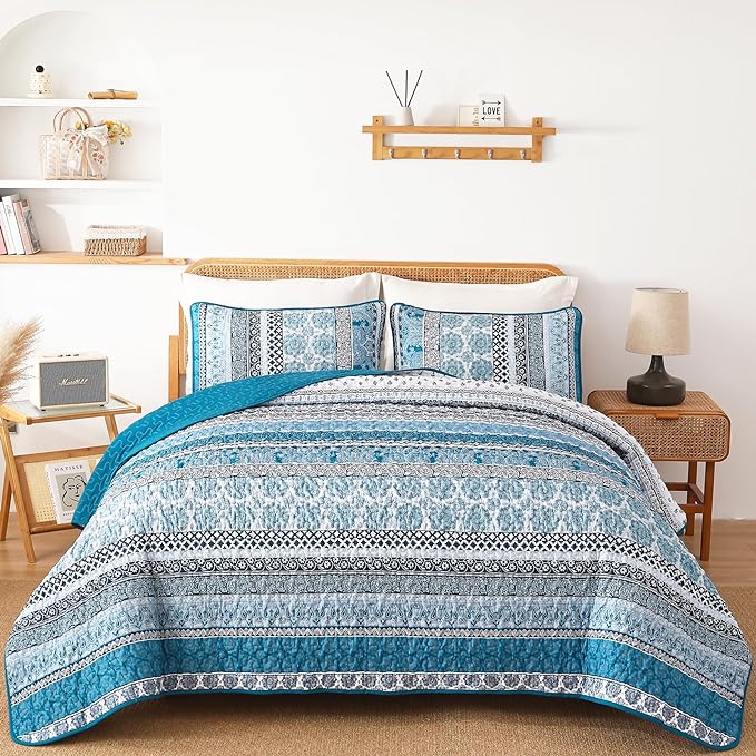 WONGS BEDDING Boho Quilt Set King Size, Teal Blue Bohemian 3 Pieces Quilt Sets, Lightweight Bedspread Coverlet Bedding Set for All Season (104"x90")