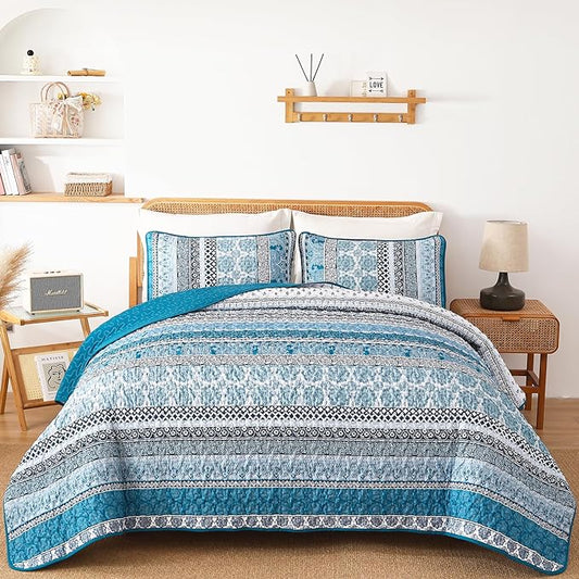 WONGS BEDDING Boho Quilt Set King Size, Teal Blue Bohemian 3 Pieces Quilt Sets, Lightweight Bedspread Coverlet Bedding Set for All Season (104"x90")