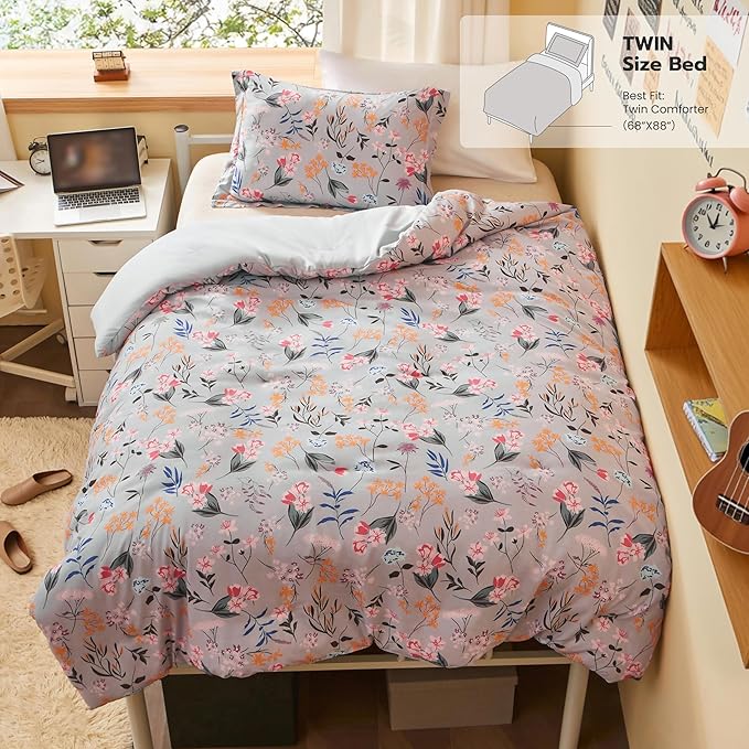 Joiedomi Twin Comforter Set Light Grey, 2 Pieces Floral Twin Bedding Set with 1 Soft Reversible Flower Comforter and 1 Pillow Sham, Bed in a Bag for All Seasons