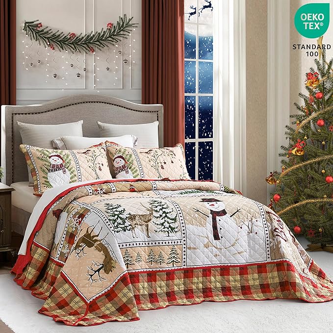 HZ & HY Christmas Oversized Bedspread King Size, Winter Snowman Pattern Bedding Quilt, Rustic Lodge Plaid Patchwork Comforter Set, Lightweight & Soft Microfiber, 3 Piece, King/Cal King