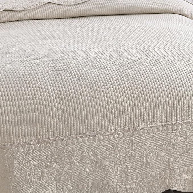 MarCielo 3-Piece 100% Cotton Oversized Bedspread Lightweight Quilt Coverlet Embroidery Farmhouse Bedding Set (TG Cream, Oversized King (118"x106"))