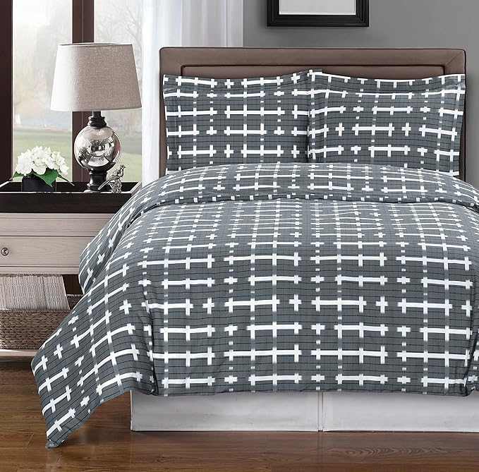 Royal Hotel Bedding Gray and White Norwich 4 Piece Full/Queen Comforter Set 100% Cotton 300 Thread Count
