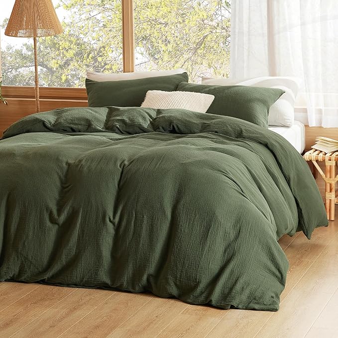 Bedsure 100% Muslin Cotton Duvet Cover King Size - Ultra-Soft, Breathable & Lightweight - Linen Like Gauze Comforter Cover Set with Button Closure and Corner Ties (Olive Green, King, 104"x90")