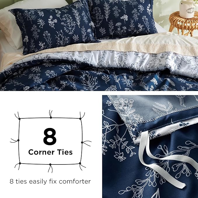 Bedsure Duvet Cover Full Size - Reversible Navy Blue Full Duvet Cover Set with Zipper Closure, 3 Pieces Cute Floral Botanical Bedding Set with 8 Corner Ties and 2 Pillow Shams