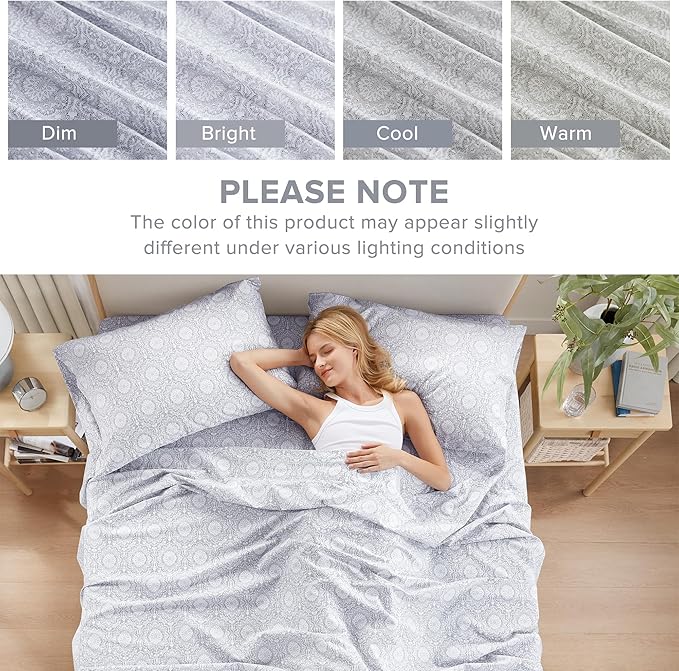 Comfort Spaces 100% Cotton Sheets King, Breathable, Naturally Cool Cotton Sheets, Soft Cotton Bed Sheets with 14" Elastic Pocket Fits up to 16" Mattress, All Seasons Sheet Set, Adelia Gray 4 Piece