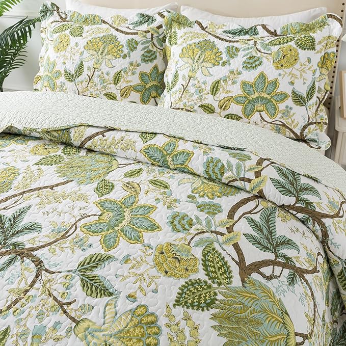 Travan 3-Piece Quilt Set Quilted Bedspread Cotton Coverlet Set Floral Oversized Quilted Bedding Set for All Season, White Vine, Queen Size