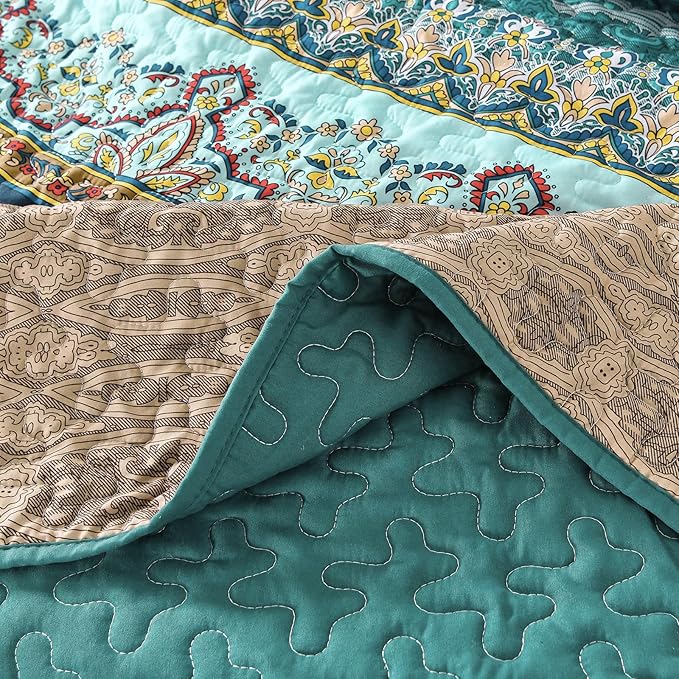 WONGS BEDDING Boho Queen Quilt Set, Green and Brown Bohemian Queen Quilt Bedding Set, Lightweight Microfiber Bed Decor Bedspread for All Season 96"x90"(3 Pieces)