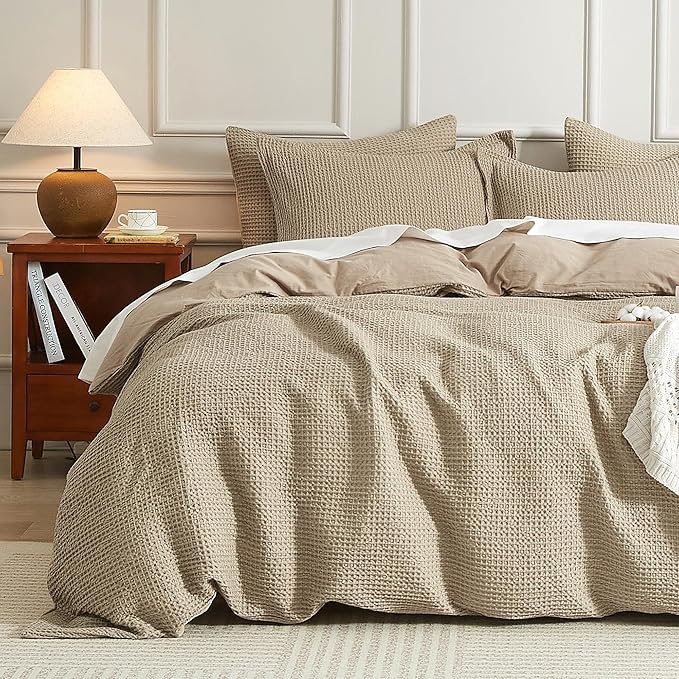 SE SOFTEXLY Waffle Duvet Cover King, 100% Cotton Waffle Weave Bedding Duvet Cover Set, Soft and Breathable Comforter Cover for All Season, 3 Pieces Including Pillow Shams（Khaki, 104”x90”）