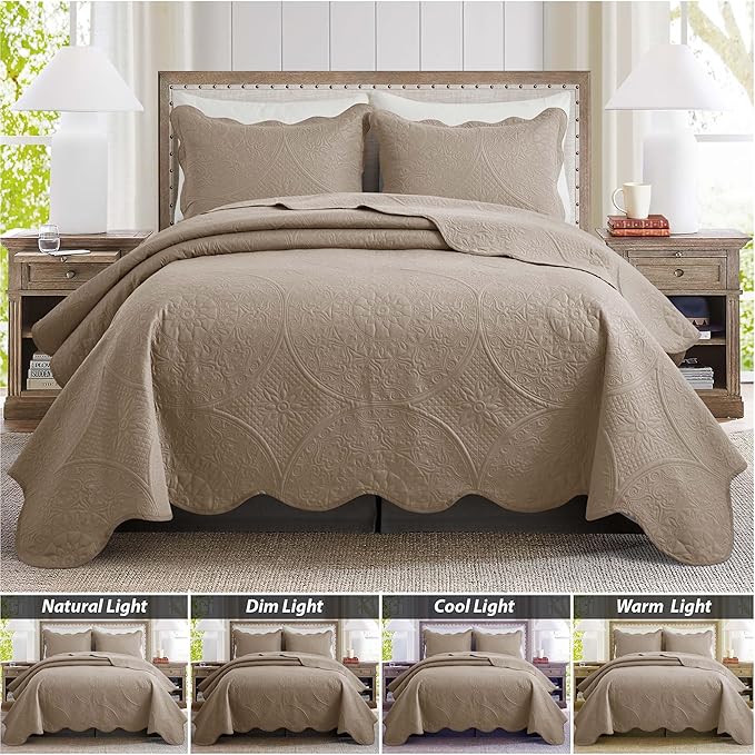 IR Imperial Rooms King Quilt Bedding Set Size (106" x 96") + 2 Pillow Shams (20" x 36"+ 2") - 3 Pcs All Season Lightweight Reversible Microfiber Coverlet Floral Embossed Quilt Bedspread (Beige)