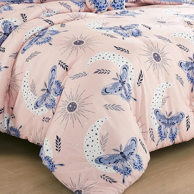Chezmoi Collection 4-Piece Mystical Butterfly Kids Bedding Set Full/Queen Size - Pink Lavender Blue White Soft Microfiber Comforter Set w/Butterfly Throw Pillow for Kids Teens