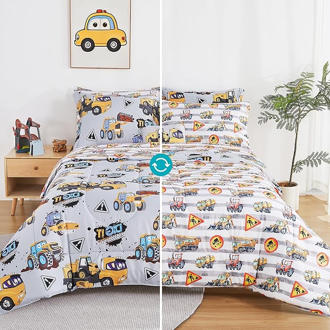 Mooreeke Kids Full Comforter Sets for Boys 8 Pieces Heavy Duty Vehicle Bedding Set for Teens Microfiber Engineering Truck Kids Bed in A Bag with Comforter, Sheet Set, Shams and Decorative Toy Pillow