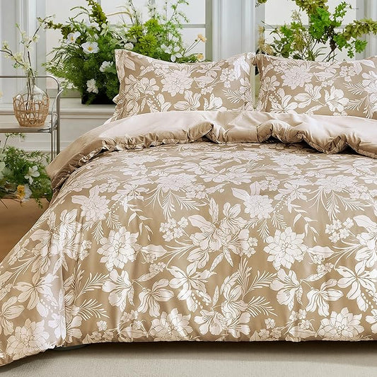 Joiedomi King Size Comforter Set Beige, 3 Pieces Floral King Bedding Set with 1 Soft Reversible Botanical Flower Comforter and 2 Pillow Shams, Bed in a Bag for All Seasons