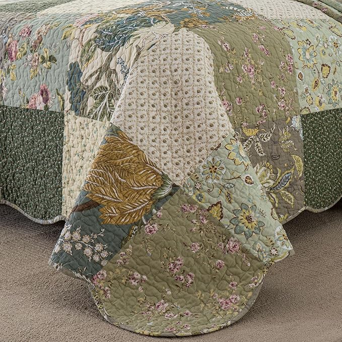 YAYIDAY Oversized Queen Quilt Set Patchwork Bedspread (110x118 Inch) - 100% Cotton Reversible Breathable Floral Quilted Coverlet with Pillow Shams Fit All Season