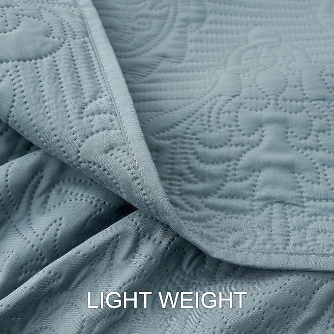 Hansleep Blue Quilt Queen Size - Damask Ultrasonic All Season Bedspread Queen, Soft Lightweight Coverlet Bedding Set, 3 Pieces (1 Quilt, 2 Pillow Shams)