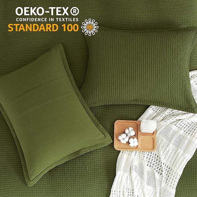 SE SOFTEXLY Waffle Duvet Cover Queen, 100% Cotton Waffle Weave Bedding Duvet Cover Set, Soft and Breathable Comforter Cover for All Season, 3 Pieces Including Pillow Shams（Green, 90”x90”）
