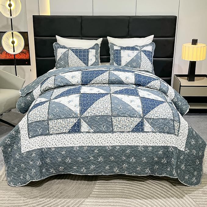 Full Queen Size Patchwork Quilt Set Grey Floral Reversible Quilted Bedspread Coverlet Set 3-Piece Lightweight Comforter Stitched Quilt Bedding Set Bed Sheet Set Cover Blanket with 2 Pillow Shams