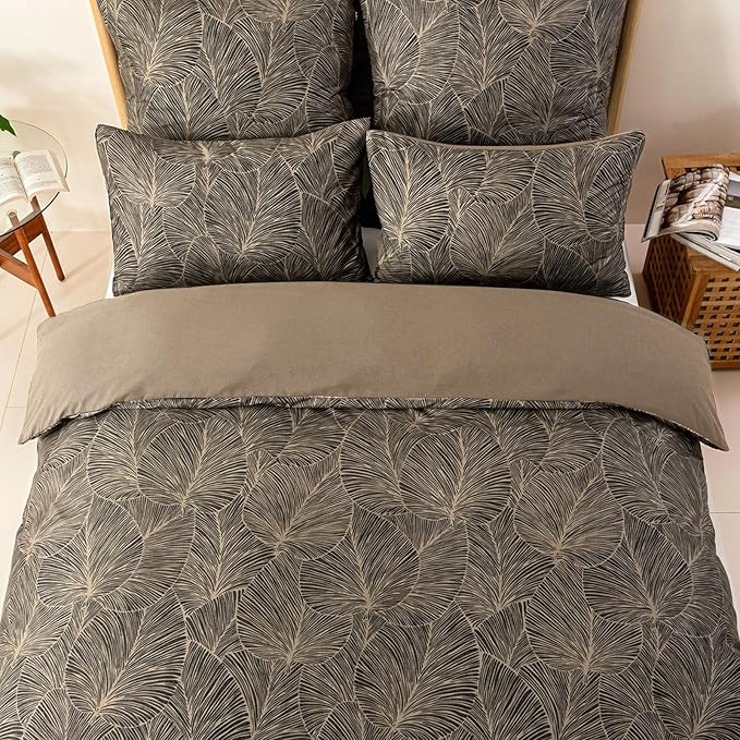 Lekesky Queen Size Duvet Cover Set, Reversible Queen Comforter Cover with Tropical Leaves Pattern, Soft 100% Washed Microfiber 3 Pieces Khaki Bedding Set with Zipper and 2 Pillowcases