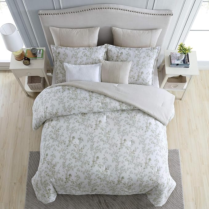 Laura Ashley Home - Queen Comforter Set, Cotton Reversible Bedding, Includes Matching Shams with Bonus Euro Shams & Throw Pillows (Lindy Green, Queen)