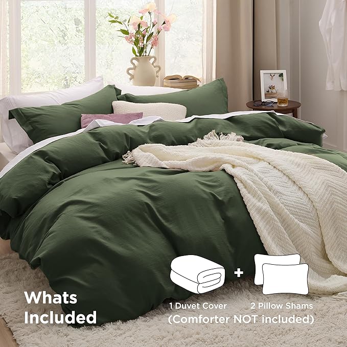 Bedsure Olive Green Oversized Queen Duvet Cover - 3 Pieces Prewashed Cotton-Like Polyester Extra Soft Bedding Set, Includes 1 Duvet Cover 98''x98'' with Zipper Closure & 2 Pillow Shams, No Comforter