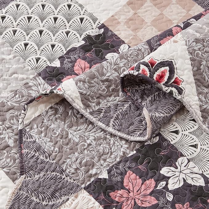 Full/Queen Size Quilt Set 3 Pieces Lightweight Reversible Bedspread-90''x98'' Soft Patchwork Floral Coverlet Luxurious Warm Microfiber Bed Cover All Seasons Gray Bedding Set(1 Quilt,2 Pillow Shams)