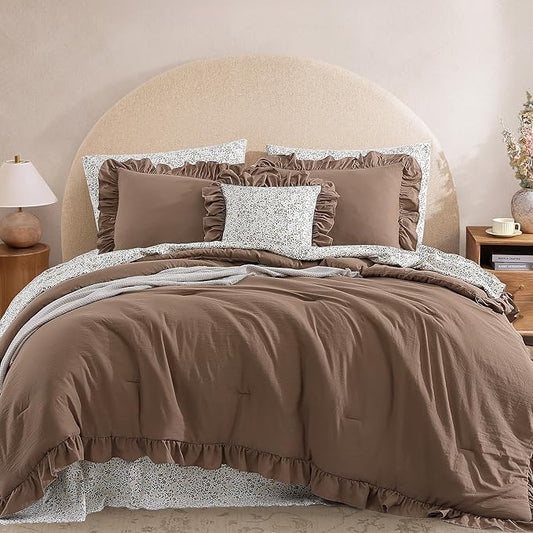 King Comforter Set - 7 Pieces Ruffle Amber Brown Bedding Sets, Shabby Chic Farmhouse Bed in a Bag with Ruffle Comforter, Floral Sheets, Pillowcases & Shams