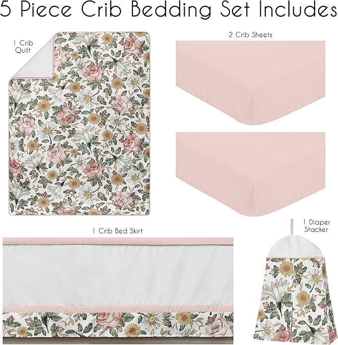 Sweet Jojo Designs 5-Piece Baby Crib Bedding Set (Boho Vintage Floral) for Girls, Infants/Nursery incl. Blanket, Fitted Sheet and Crib Skirt (Bohemian, Shabby Chic, Rose Flower, Farmhouse, Pink/Green)