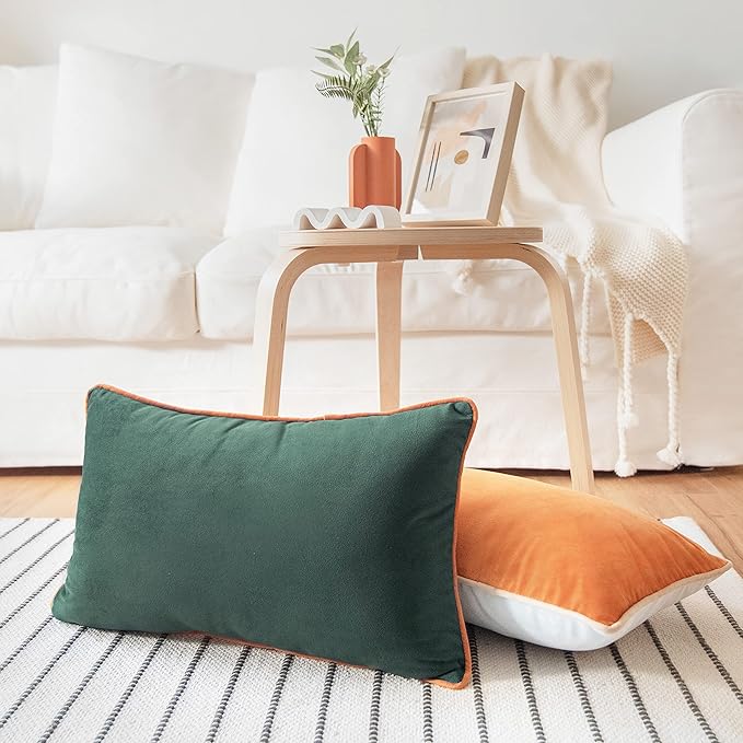 MONDAY MOOSE Decorative Throw Pillow Covers Cushion Cases, Set of 2 Soft Velvet Modern Double-Sided Designs, Mix and Match for Home Decor, Pillow Inserts Not Included (12x20 inch, Orange/Green)