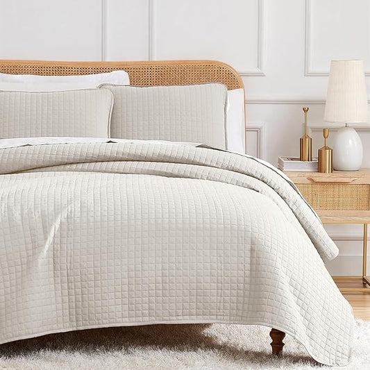 Southshore Fine Living, Inc. Full/Queen Quilt Bedding Set, Microfiber Quilts Queen Size, Coverlet, Stain & Pet Hair Resistant Bedding, Full Size Bedspread with 2 Pillow Shams, Bone