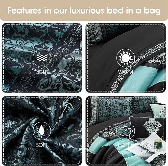 Grand Avenue Black & Teal Comforter Set King Size, Classic Jacquard Bedding Sets, Faux Silk, Premium Microfiber, 12 Pieces Bed in a Bag, Matching Fitted Sheet, Flat Sheet