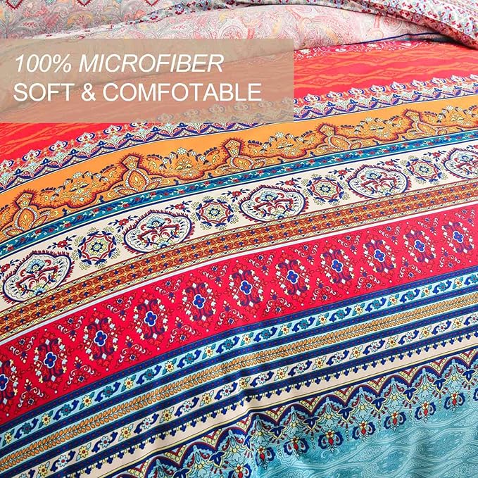 Nanko Comforter Set Queen Size, 3pc Boho Red Blue Colorful Retro Striped Pattern Print 88 x 90 inch Reversible Comforter Microfiber Duvet Sets Bedding Bohemian Exotic Modern Farmhouse for Men Women