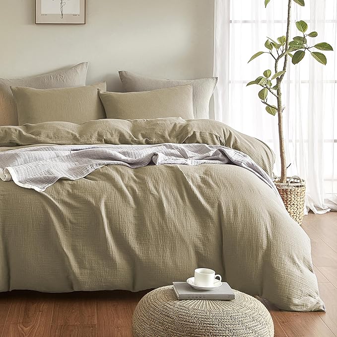 Muslin Duvet Cover Oversized King Size, 100% Washed Cotton Duvet Cover Set, Ultra Soft Comforter Cover Linen Like, 3 Pieces Minimalist Gauze Duvet Cover with 2 Pillowcases, 98"x120", Oatmeal