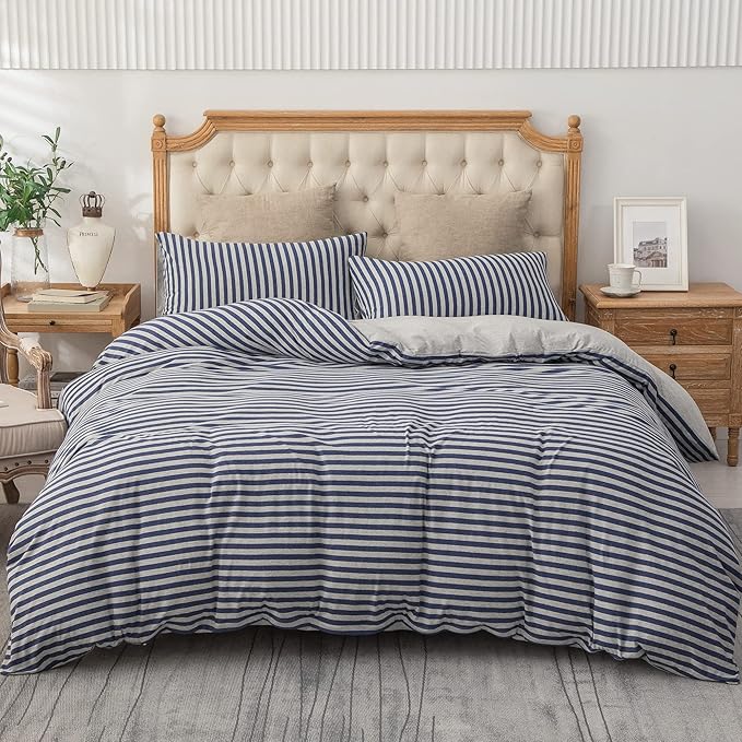 PURE ERA Jersey Knit Duvet Cover Set 100% T-Shirt Heather Cotton Super Soft Comfy Classic Striped Design, with Zipper Closure, Heather Grey Blue Stripe, Queen