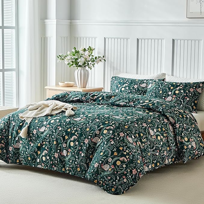 Lekesky Queen Size Reversible Duvet Cover, Duvet Cover Queen Size 3 Piece Insect World Microfiber Botanical Bedding Set with Zipper Closure 8 Corner Ties
