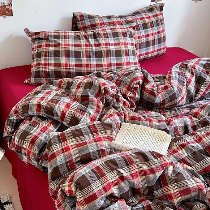 mixinni Vintage Red & Brown Buffalo Plaid Duvet Cover Set Queen Size - 3 Piece Washed Cotton Bedding Set with Classic Checkered Pattern, Cozy Farmhouse Duvet Cover with Pillowcases for All Seasons