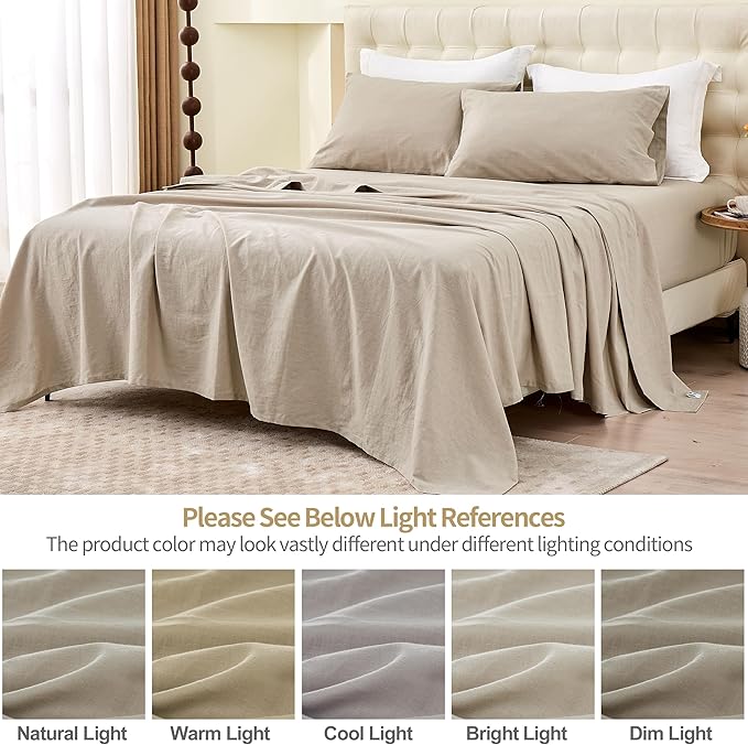 Simple&Opulence Belgian Linen Sheet Set Solid Color - 3 Pieces (1 Flat Sheet & 1 Fitted Sheet & 1 Pillowcase) Natural Flax Cotton Blend Soft Bedding Breathable Farmhouse - Khaki, Twin Size