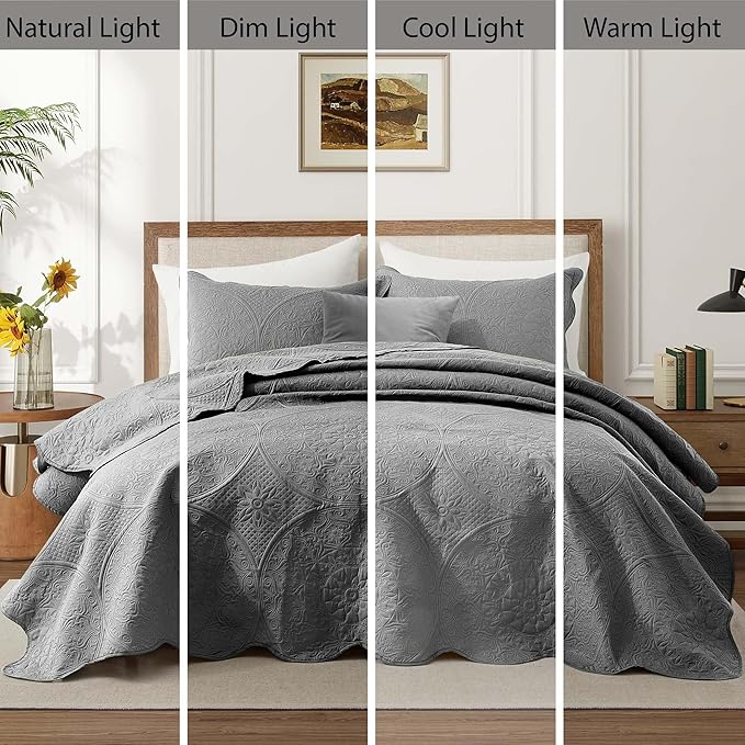 MOONLIGHT20015 Queen Quilt Bedding Set Size (90" x 96") + 2 Pillow Shams (20" x 26"+ 2") - 3 Pcs All Season Lightweight Reversible Embossed Quilt Microfiber Coverlet Floral Bedspread (Grey)