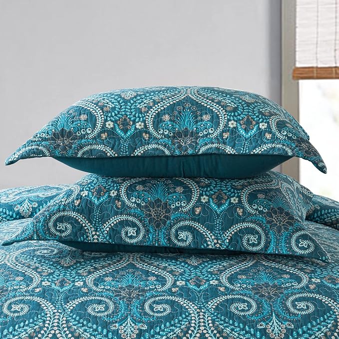 Travan 3-Piece Cotton Quilt Set Quilted Bedding Set for All Season, Cyan Blue Flower, Queen Size