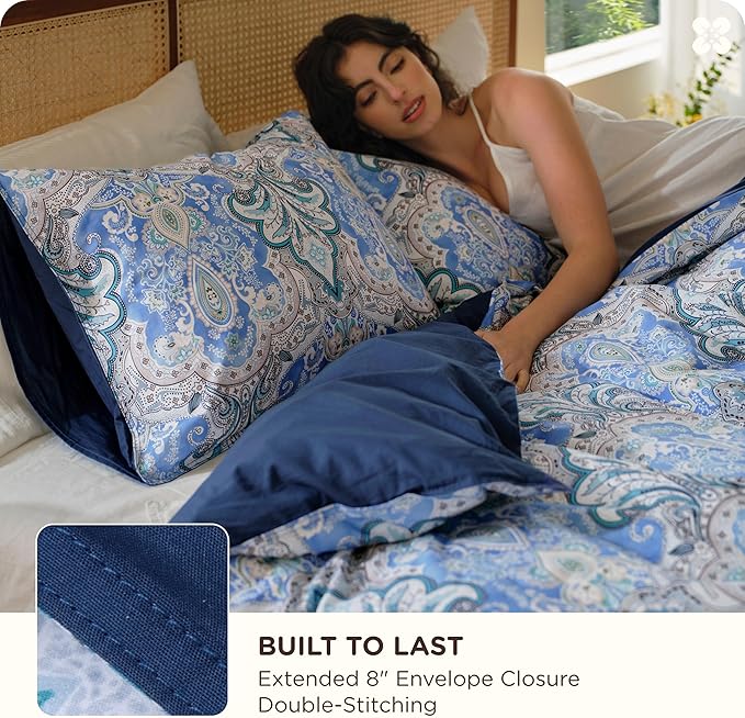 Bedsure 100% Cotton Reversible Paisley Damask Duvet Cover King Size - Classic Blue and White Pattern Comforter Cover with Zipper Closure & 2 Pillow Shams, No Comforter (Blue Paisley 104"x90")
