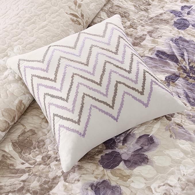 Madison Park Luna Quilt Modern Classic Design All Season, Breathable Coverlet Lightweight Bedding Set, Matching Shams, Decorative Pillow, King/Cal King(104"x94"), Floral Taupe 6 Piece