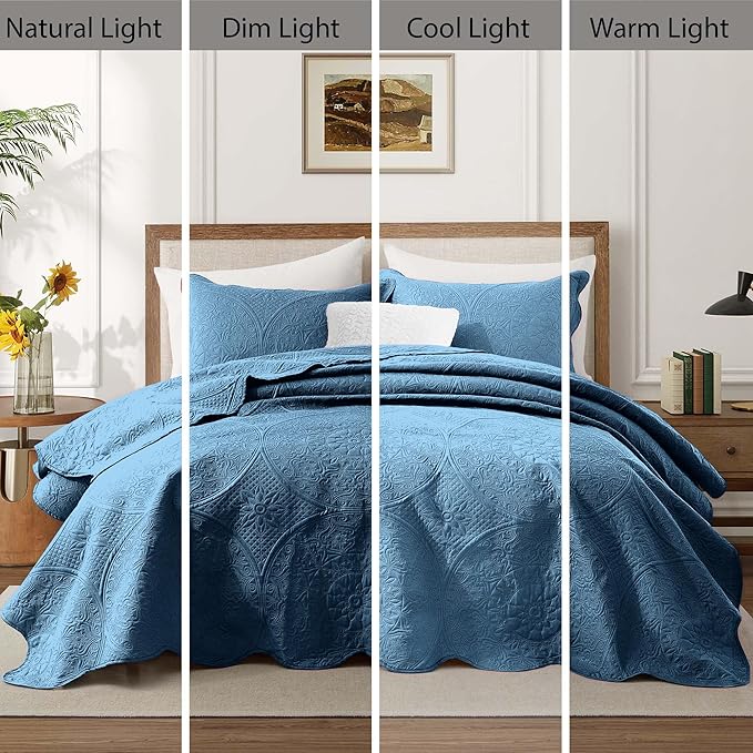 IR Imperial Rooms California King Quilt Bedding Set Size (118"x106") + 2 Pillow Shams (20" x 36"+ 2") - 3 Pcs All Season Reversible Microfiber Coverlet Embossed Floral Quilt Bedspread (Light Blue)