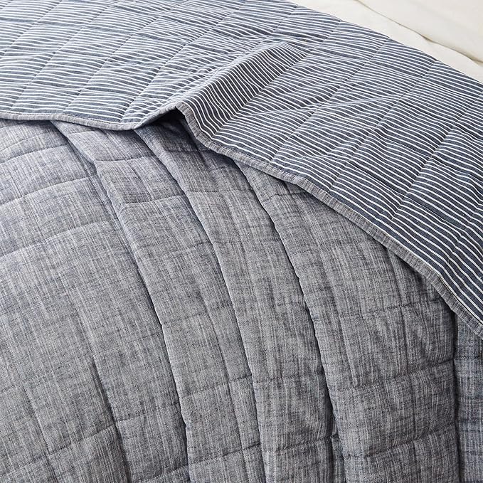 Navy Quilts Queen Size， Cotton Bedspreads Queen Size，3-Pieces Queen Quilt Set with Blue Stripe Bedding Coverlet Light Weight Quilted Blanket with 2 Pillow Shams