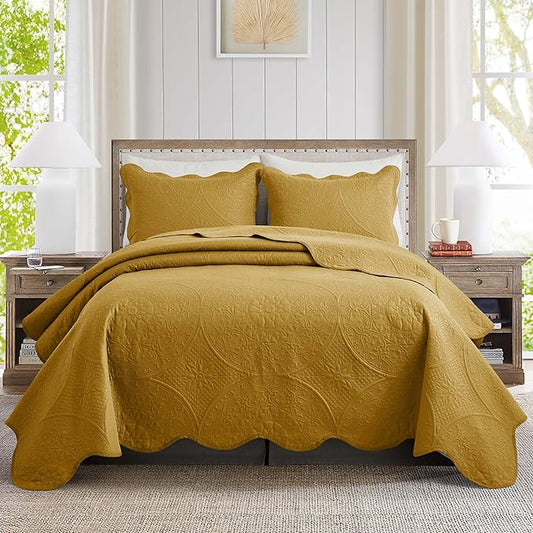 IR Imperial Rooms California King Quilt Bedding Set Size (118"x106") + 2 Pillow Shams (20" x 36"+ 2") - 3 Pcs All Season Reversible Microfiber Coverlet Embossed Floral Quilt Bedspread (Ochre)