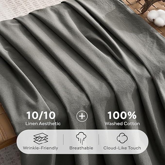 JELLYMONI Duvet Cover Full Size - Washed Cotton Comforter Cover with Linen-Like Texture,Breathable & Soft Bedding for Modern Home,Guest Room and Everyday Use,Dark Grey 1 Duvet Cover & 2 Pillowcases